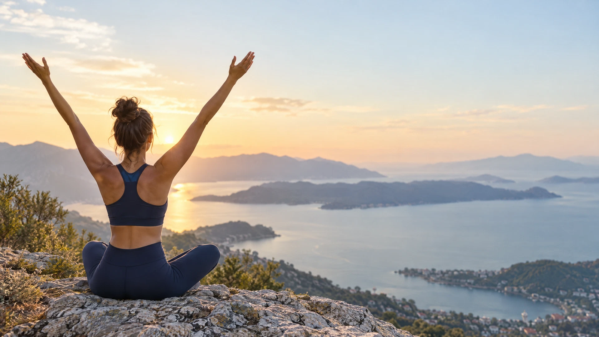 A woman stretching mindfully beside the water in the evening light
